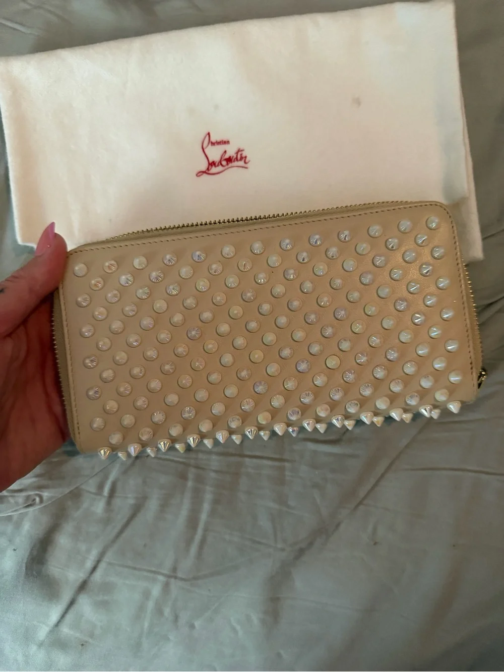 Christian Louboutin Beige Studded Zip Wallet